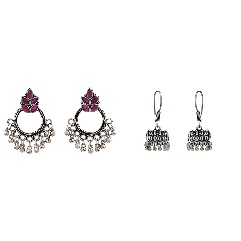 Fine Shine stud earrings (Red)&Tiny Twinkle jhumki earring (Silver) Combo set