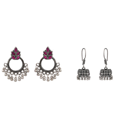 Fine Shine stud earrings (Red)&Tiny Twinkle jhumki earring (Silver) Combo set
