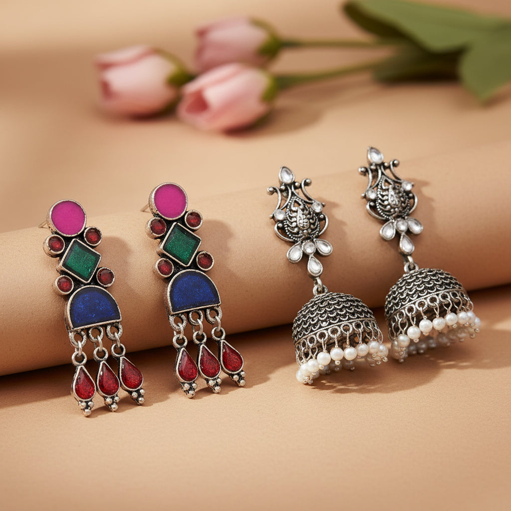 Rainbow rhine dangler earrings (Multicolored)&Sapphire Seher pearl jhumka earrings (White) Combo set