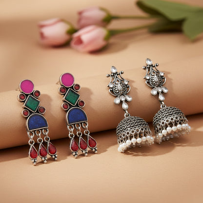 Rainbow rhine dangler earrings (Multicolored)&Sapphire Seher pearl jhumka earrings (White) Combo set
