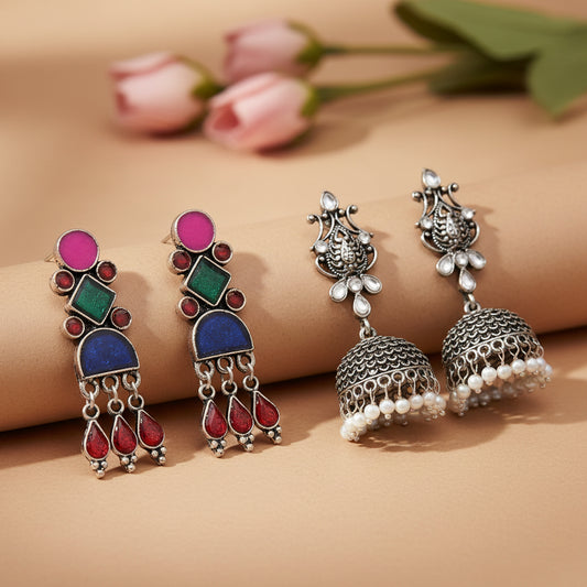 Rainbow rhine dangler earrings (Multicolored)&Sapphire Seher pearl jhumka earrings (White) Combo set