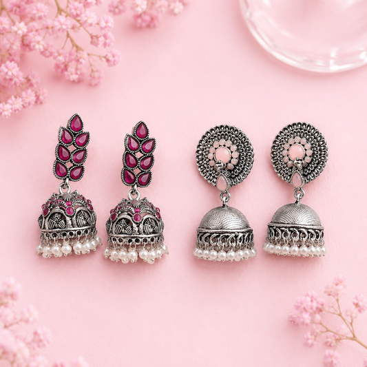 Evergreen earrings (Light Orange) Leaf Cascade jhumki earrings (Red) Combo set
