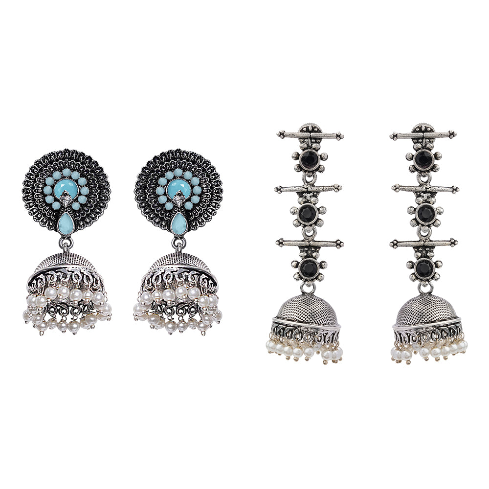 Evergreen earrings (Mint) Royal Triple Bell Layered Jhumka Earring (Black) Combo set
