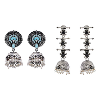 Evergreen earrings (Mint) Royal Triple Bell Layered Jhumka Earring (Black) Combo set