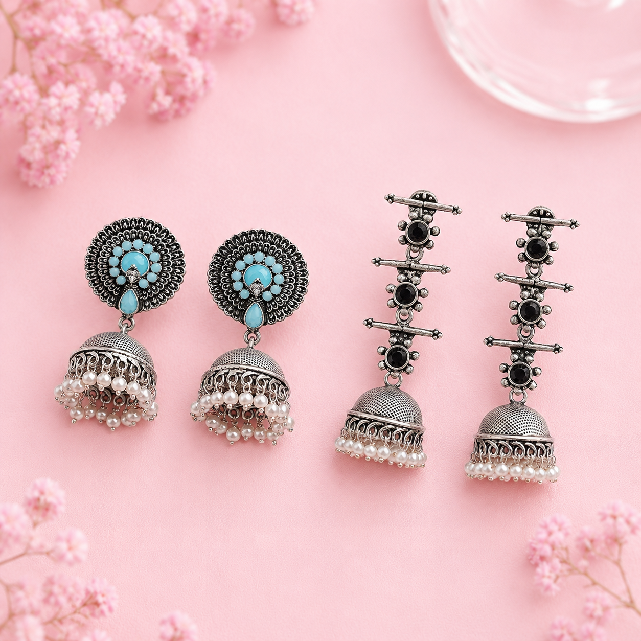 Evergreen earrings (Mint) Royal Triple Bell Layered Jhumka Earring (Black) Combo set