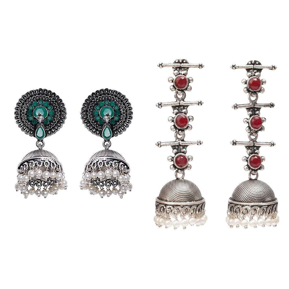 Evergreen earrings (Green) Royal Triple Bell Layered Jhumka Earring (Dark Maroon) Combo set