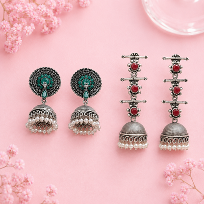 Evergreen earrings (Green) Royal Triple Bell Layered Jhumka Earring (Dark Maroon) Combo set