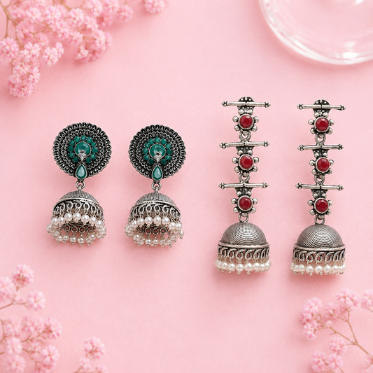 Evergreen earrings (Green) Royal Triple Bell Layered Jhumka Earring (Dark Maroon) Combo set