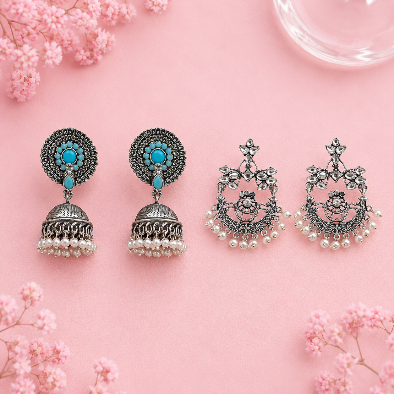 Evergreen earrings (Sky Blue) Carved Charm Dangler earrings (White) Combo set