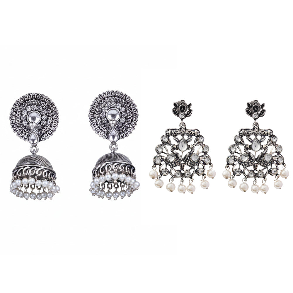 Evergreen earrings (White) Peacock glow stone studded dangler earrings (White) Combo set