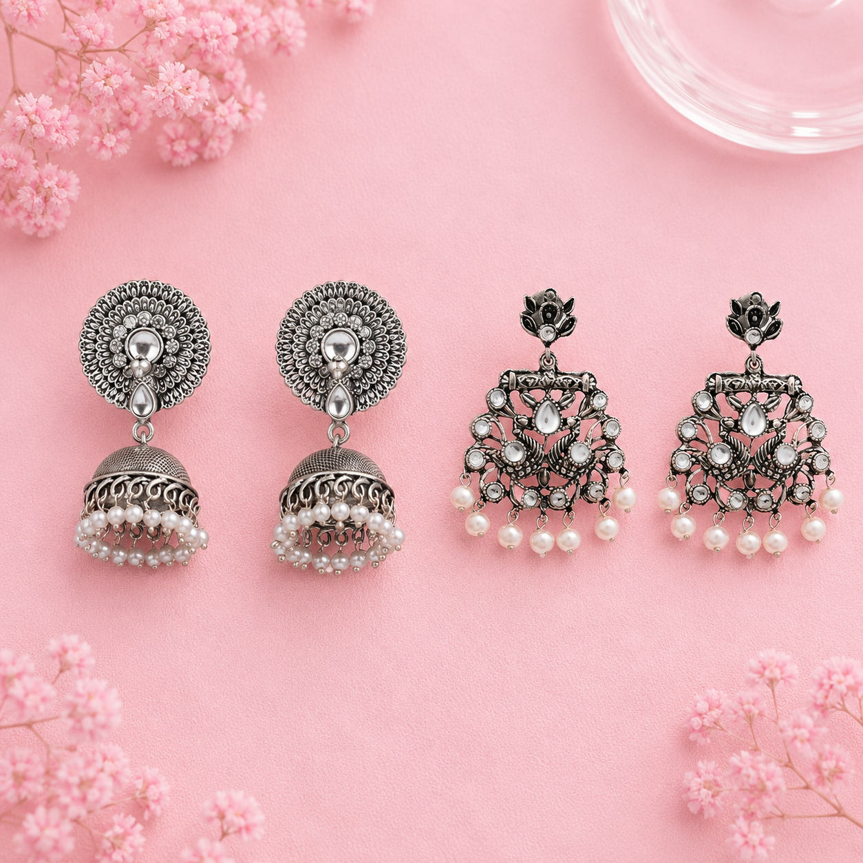 Evergreen earrings (White) Peacock glow stone studded dangler earrings (White) Combo set