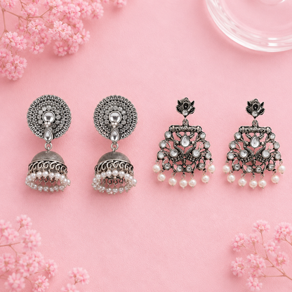 Evergreen earrings (White) Peacock glow stone studded dangler earrings (White) Combo set