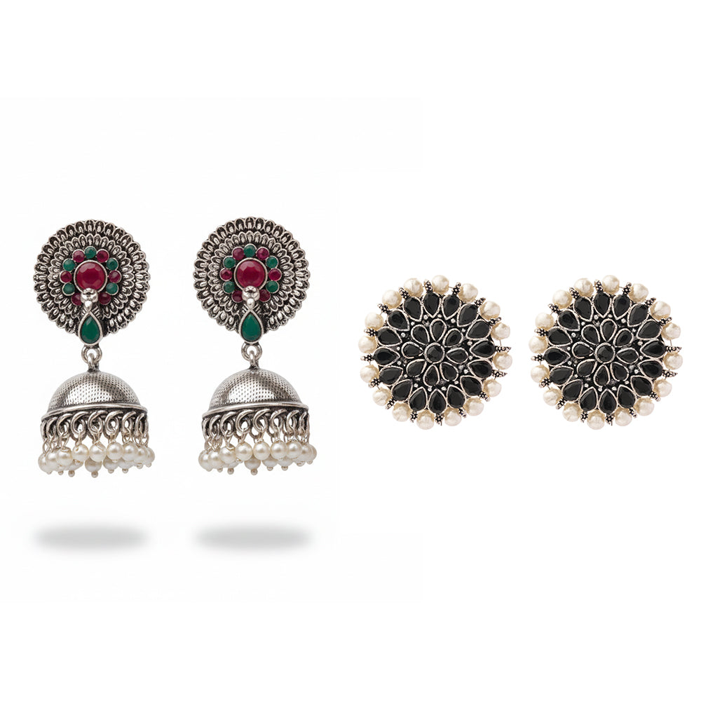 Evergreen earrings (Multicolored) Desi Diva stud earring (Black) Combo set