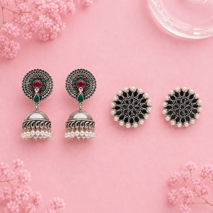 Evergreen earrings (Multicolored) Desi Diva stud earring (Black) Combo set
