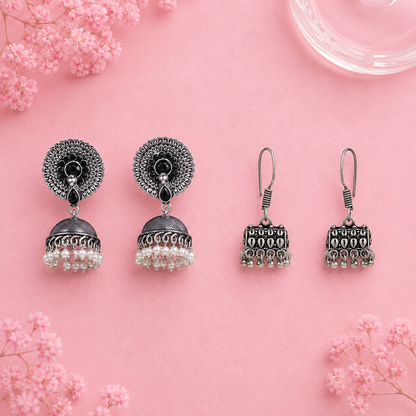 Evergreen earrings (Black) Tiny Twinkle jhumki earring (Silver) Combo set