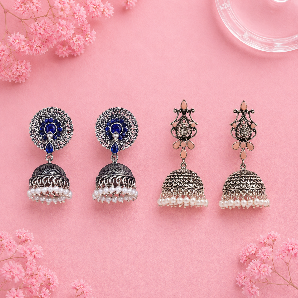 Evergreen earrings (Blue) Kalash Kamal earring (Light Orange) Combo set