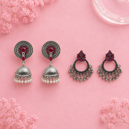 Evergreen earrings (Red) Fine Shine stud earrings (Red) Combo set