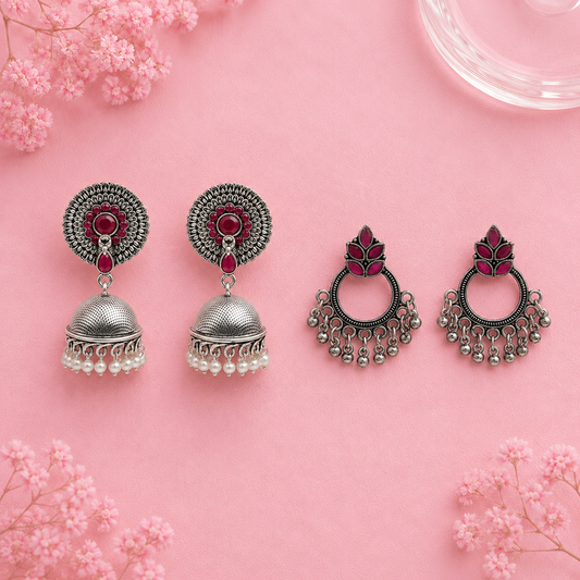 Evergreen earrings (Red) Fine Shine stud earrings (Red) Combo set
