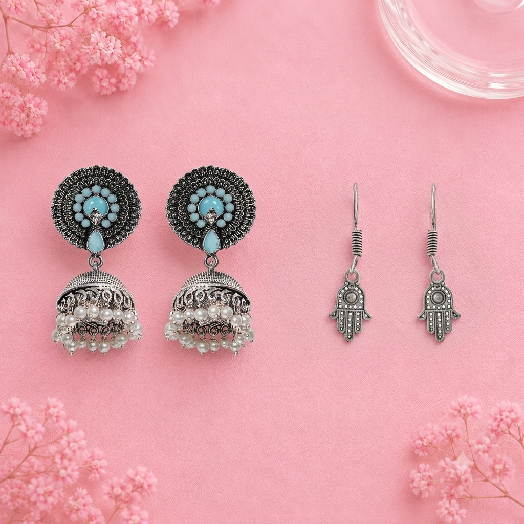 Evergreen earrings (Mint) Evil Eye guard dangler earrings (Silver) Combo set