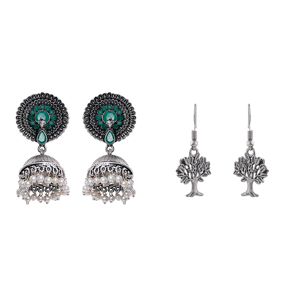 Evergreen earrings (Green) Roots of elegance dangler earrings (Silver) Combo set