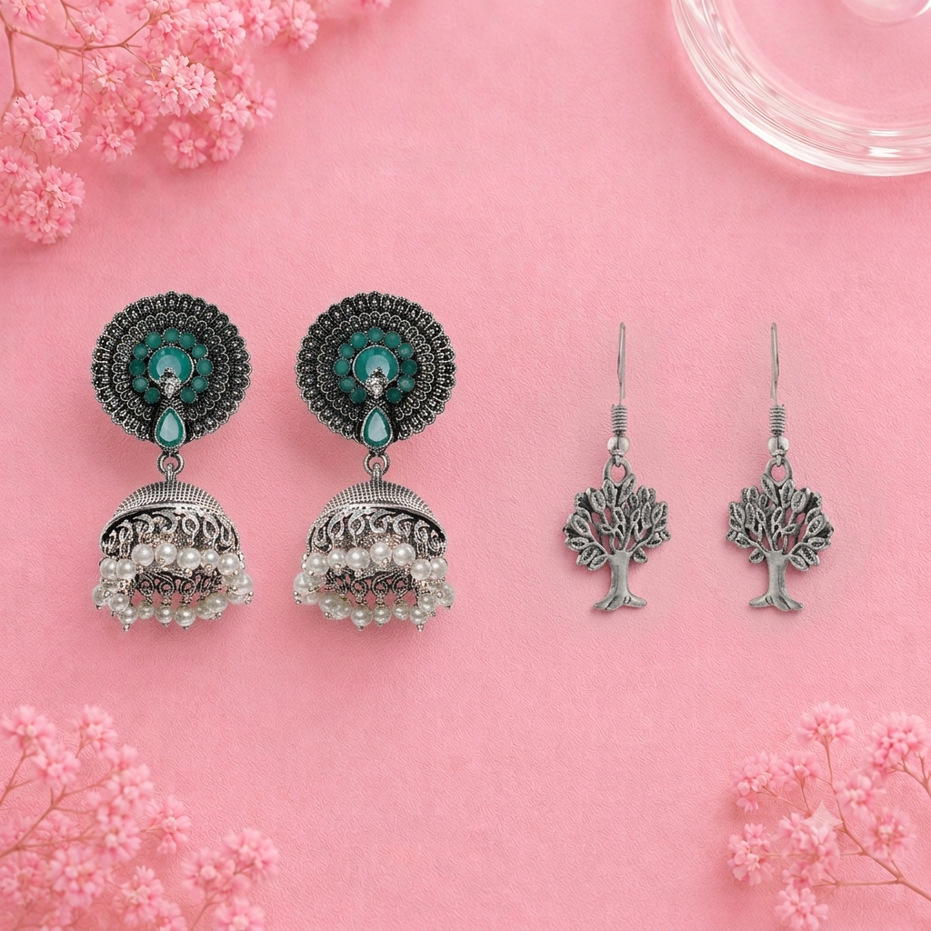 Evergreen earrings (Green) Roots of elegance dangler earrings (Silver) Combo set