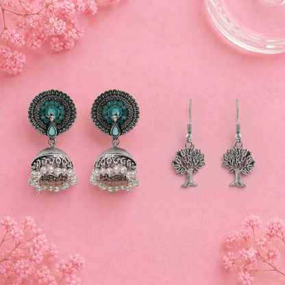 Evergreen earrings (Green) Roots of elegance dangler earrings (Silver) Combo set