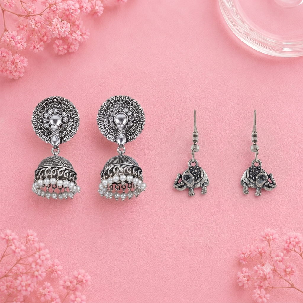 Evergreen earrings (White) Trunk Tales dangler earrings (Silver) Combo set