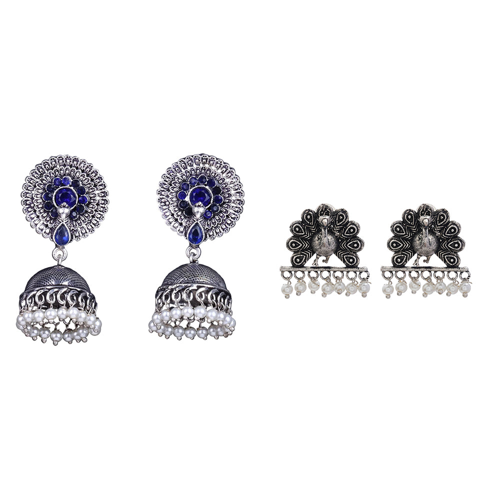 Evergreen earrings (Blue) Meena Manjari stone stud earrings (Silver) Combo set