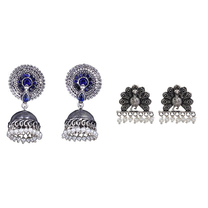 Evergreen earrings (Blue) Meena Manjari stone stud earrings (Silver) Combo set