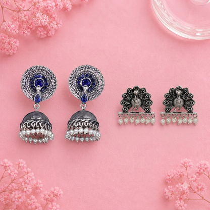 Evergreen earrings (Blue) Meena Manjari stone stud earrings (Silver) Combo set