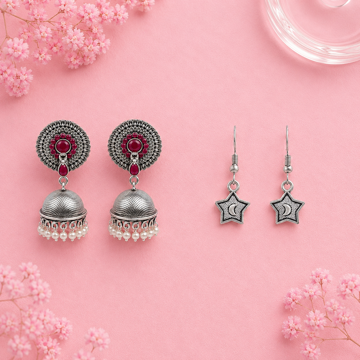 Evergreen earrings (Red) You're a star dangler earrings (Silver) Combo set