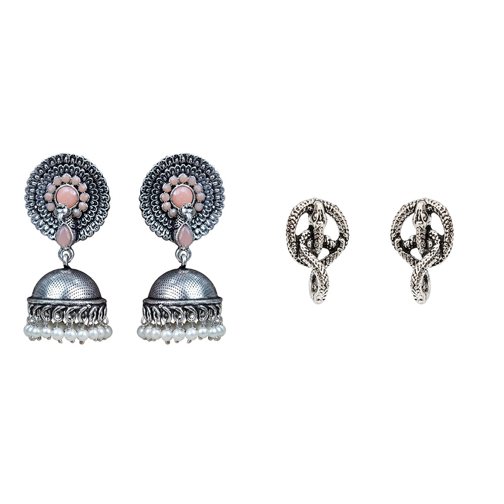 Evergreen earrings (Light Orange) Swirly snake oxidised stud earrings (Silver) Combo set