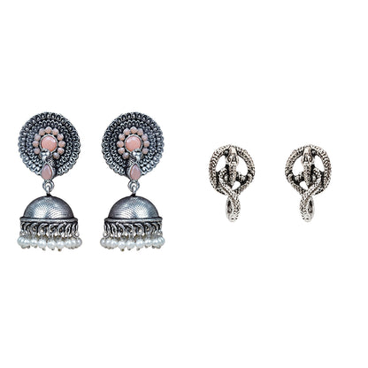 Evergreen earrings (Light Orange) Swirly snake oxidised stud earrings (Silver) Combo set