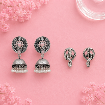 Evergreen earrings (Light Orange) Swirly snake oxidised stud earrings (Silver) Combo set