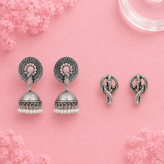 Evergreen earrings (Light Orange) Swirly snake oxidised stud earrings (Silver) Combo set