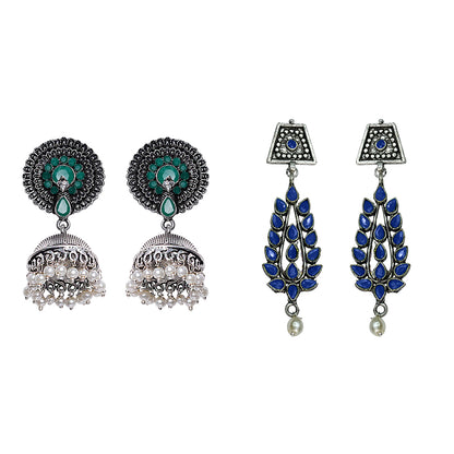 Evergreen earrings (Green) Precious Petal stone studded dangler earring (Blue) Combo set