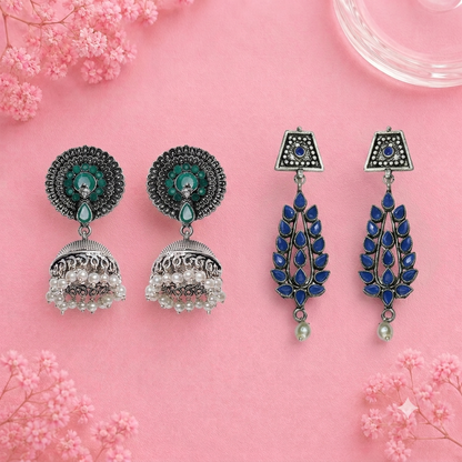 Evergreen earrings (Green) Precious Petal stone studded dangler earring (Blue) Combo set
