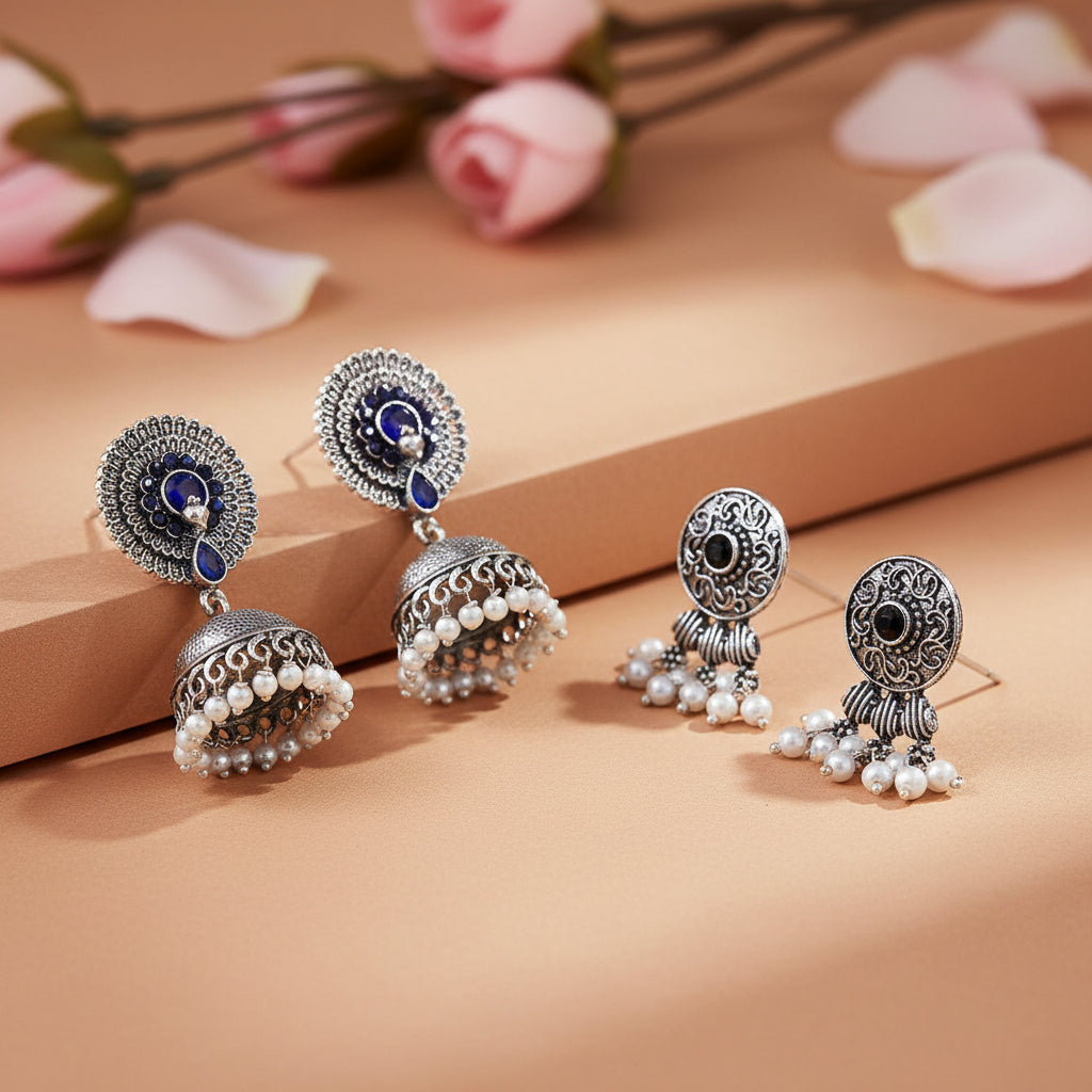 Evergreen earrings (Blue) Button rays stud earring (Black) Combo set
