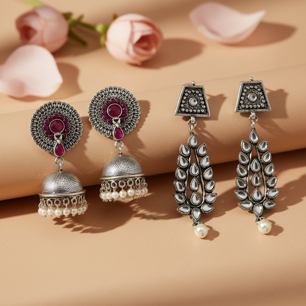 Evergreen earrings (Red) Precious Petal stone studded dangler earring (White) Combo set