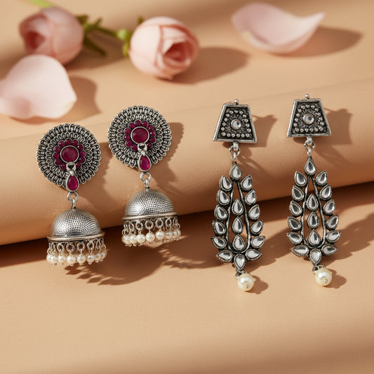 Evergreen earrings (Red) Precious Petal stone studded dangler earring (White) Combo set