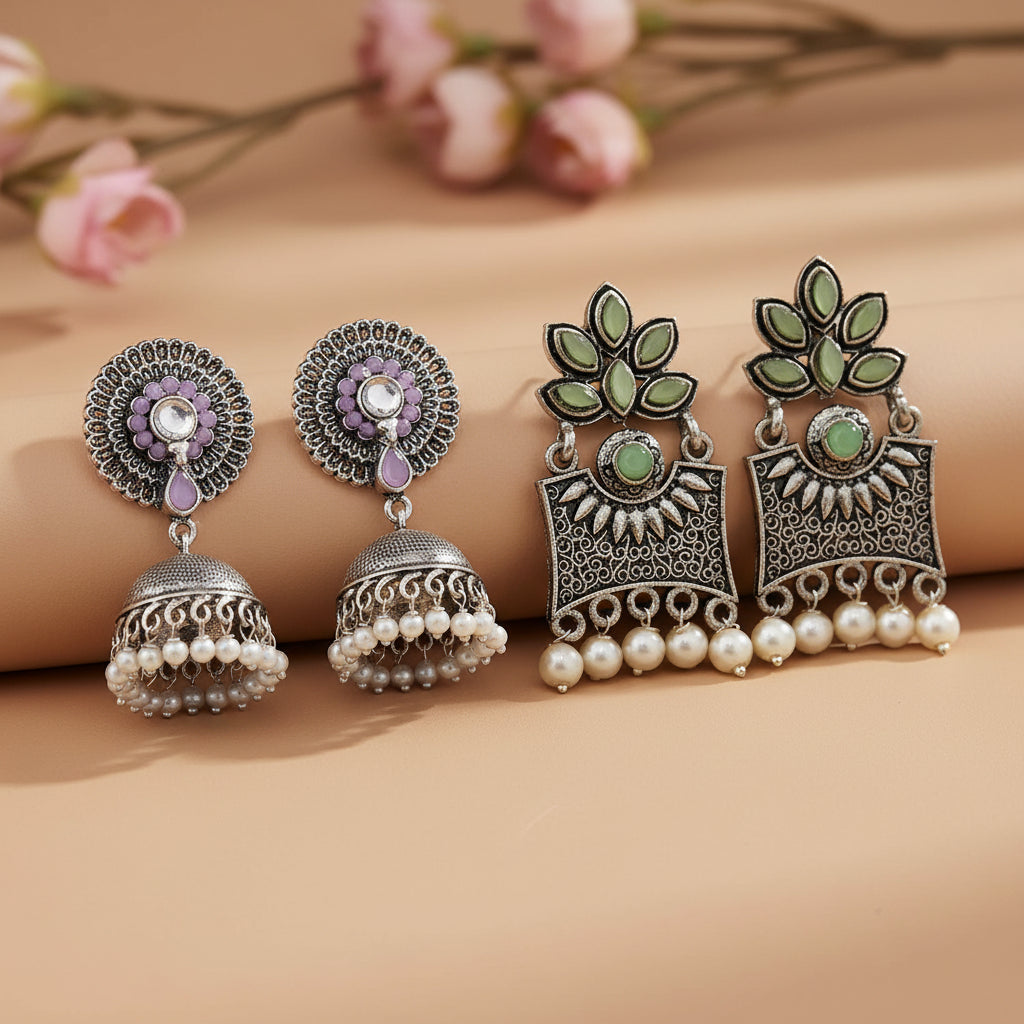 Evergreen earrings (Baby Pink) Flora-Aura stone studded dangler earrings (Pista) Combo set