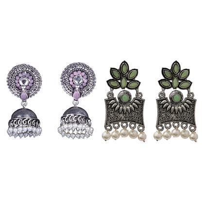 Evergreen earrings (Baby Pink) Flora-Aura stone studded dangler earrings (Pista) Combo set