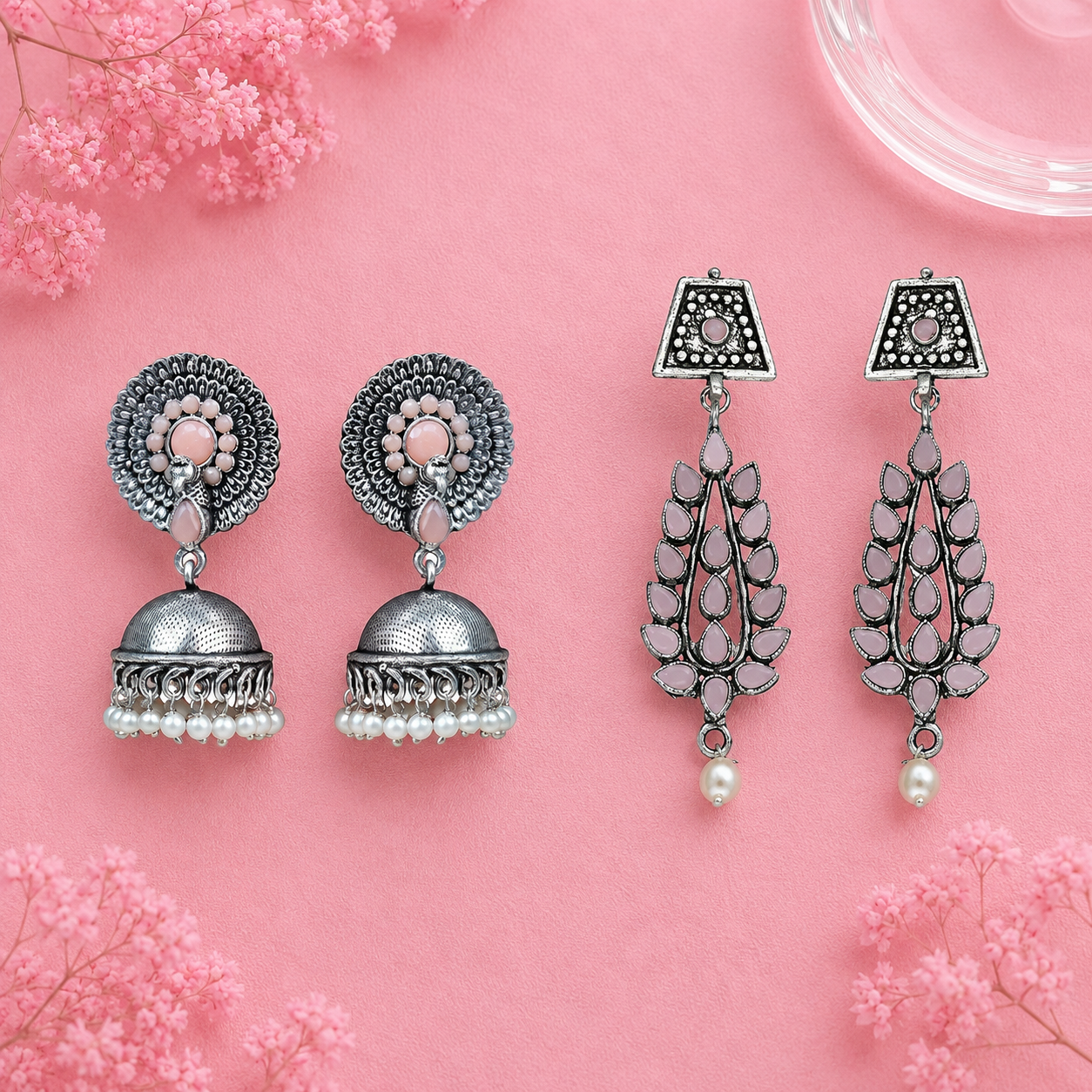 Evergreen earrings (Light Orange) Precious Petal stone studded dangler earring (Baby Pink) Combo set