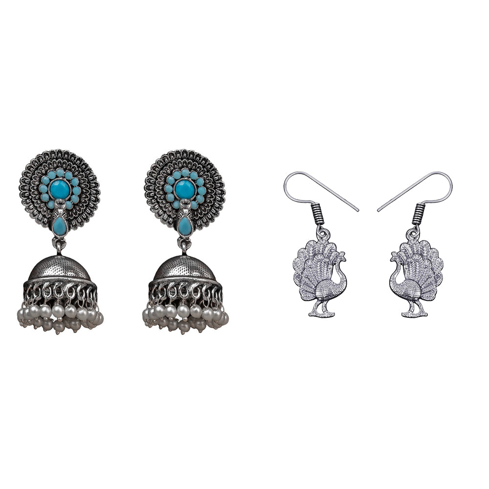 Evergreen earrings (Sky Blue) Peacock royale dangler earrings (Silver) Combo set