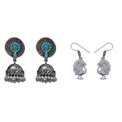 Evergreen earrings (Sky Blue) Peacock royale dangler earrings (Silver) Combo set