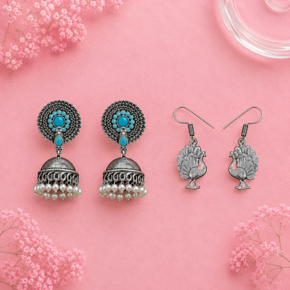 Evergreen earrings (Sky Blue) Peacock royale dangler earrings (Silver) Combo set