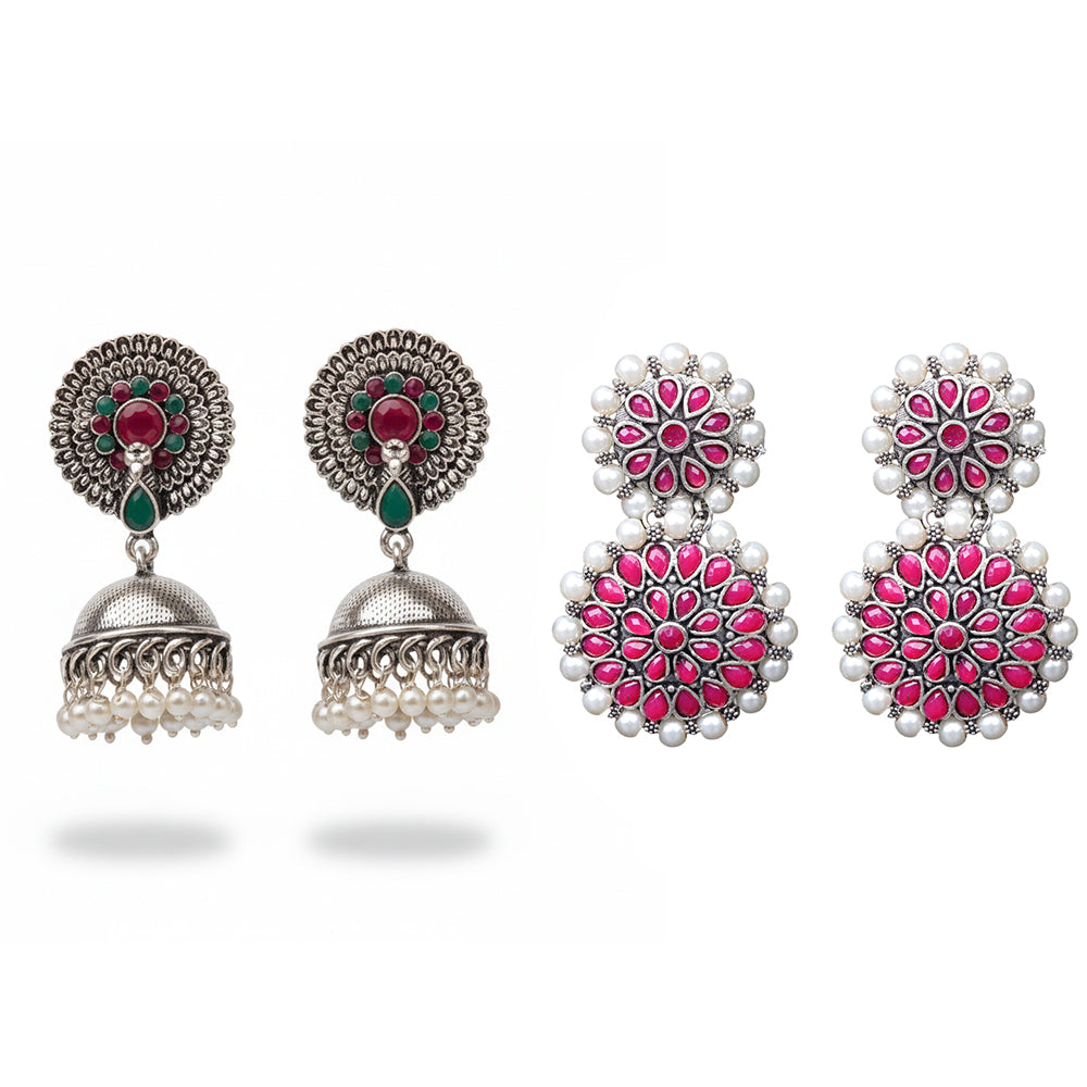 Evergreen earrings (Multicolored) Double boho floral dangler earring (Red) Combo set