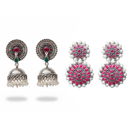 Evergreen earrings (Multicolored) Double boho floral dangler earring (Red) Combo set