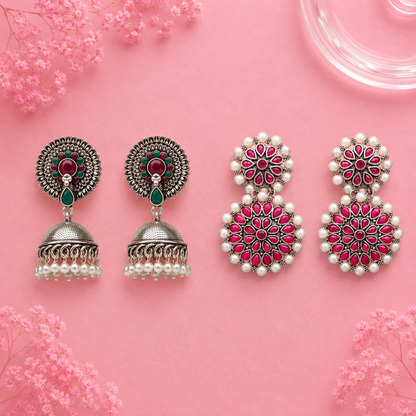 Evergreen earrings (Multicolored) Double boho floral dangler earring (Red) Combo set