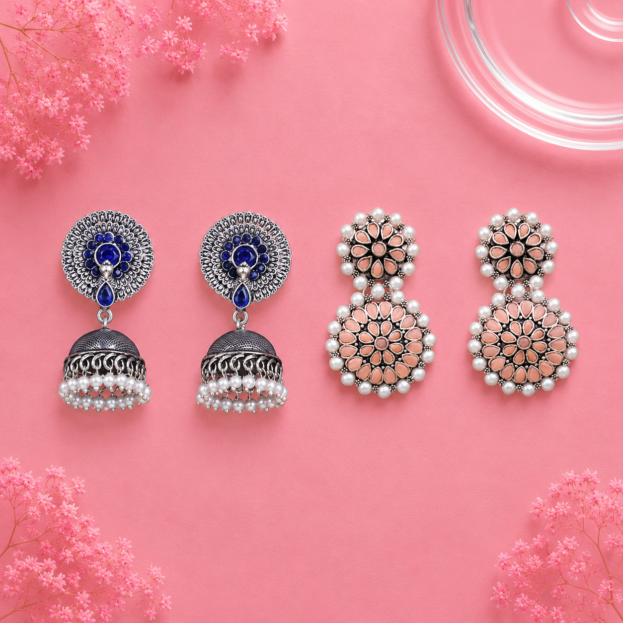 Evergreen earrings (Blue) Double boho floral dangler earring (Light Orange) Combo set